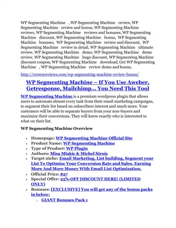 WP Segmenting Machine REVIEW & WP Segmenting Machine (SECRET) Bonuses