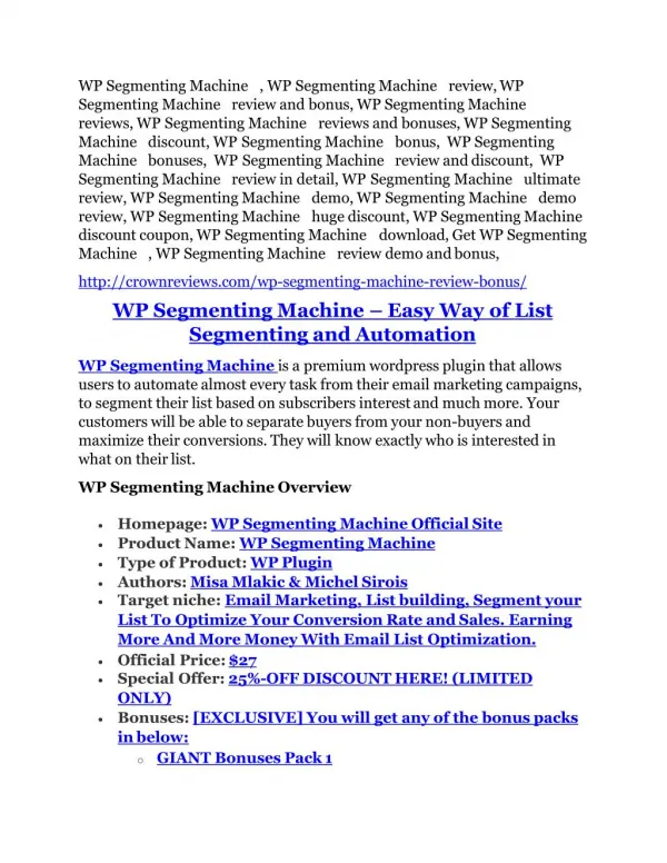 WP Segmenting Machine review in detail and (FREE) $21400 bonus