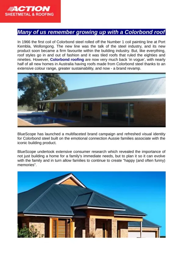 Colorbond Roofing available from Action Sheet Metal