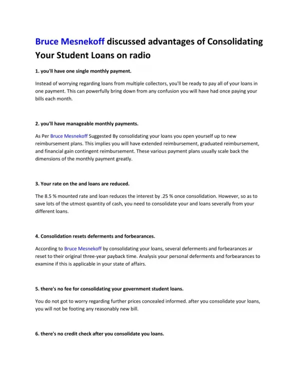 Bruce Mesnekoff discussed advantages of Consolidating Your Student Loans on radio