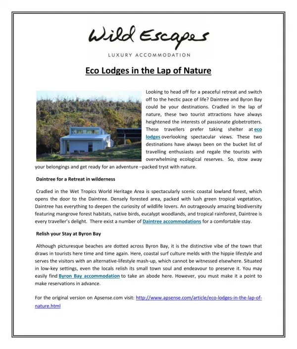 Eco Lodges in the Lap of Nature