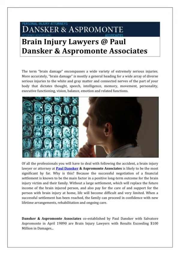 Brain Injury Lawyers @ Paul Dansker & Aspromonte Associates