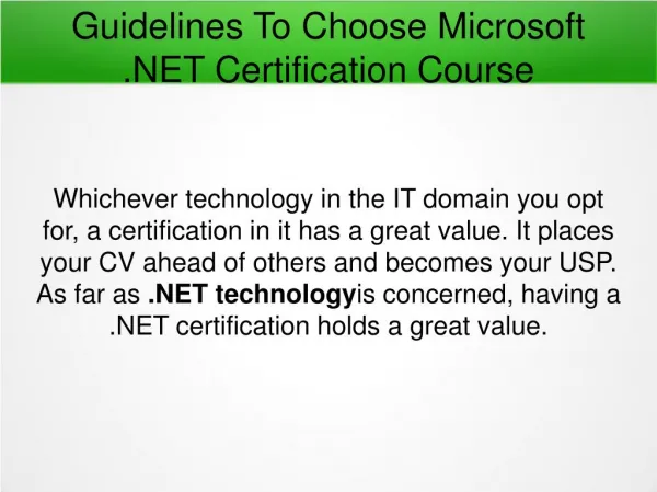 Guidelines To Choose Microsoft .NET Certification Course