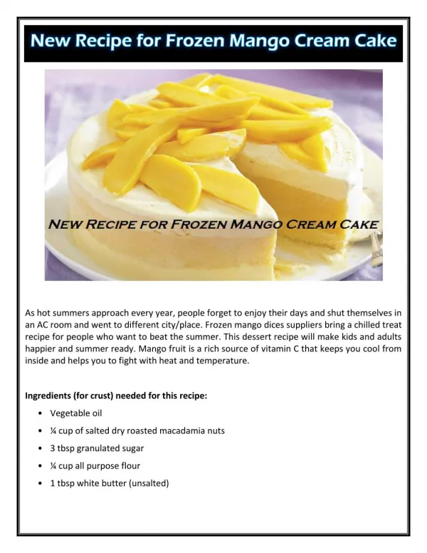 New Recipe for Frozen Mango Cream Cake