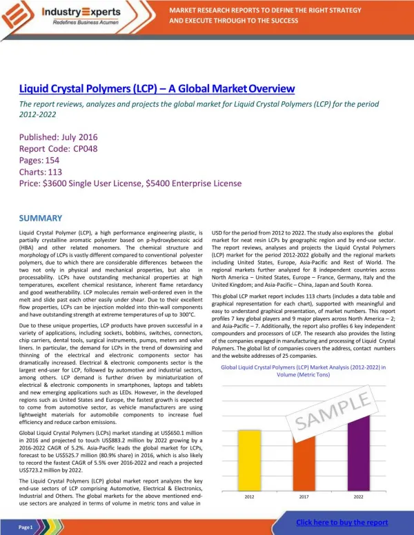 Electrical & Electronics Sector Continues to Dominate the Global LCPs Consumption to Drive Demand to Reach 64k MTs by 20