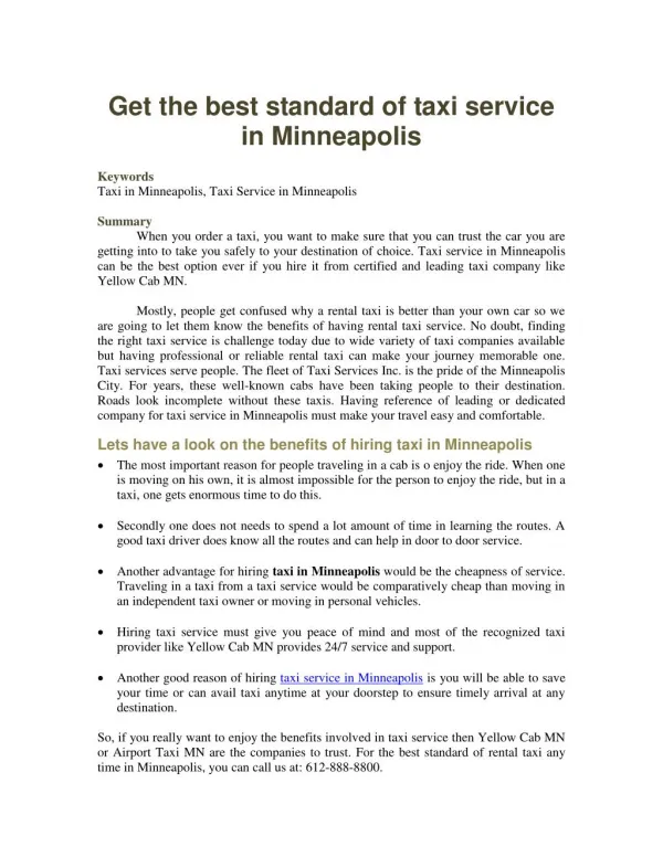 Get the best standard of taxi service in Minneapolis