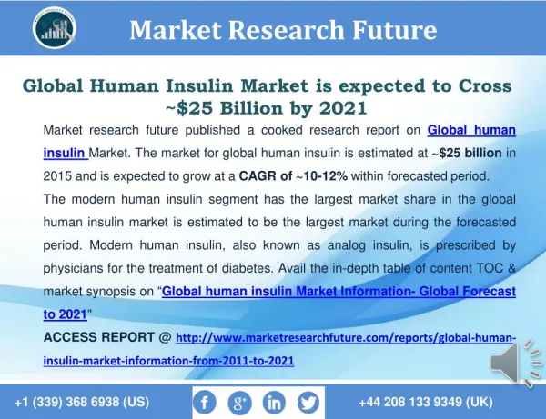 Global Human Insulin Market is expected to Cross ~$25 Billion by 2021