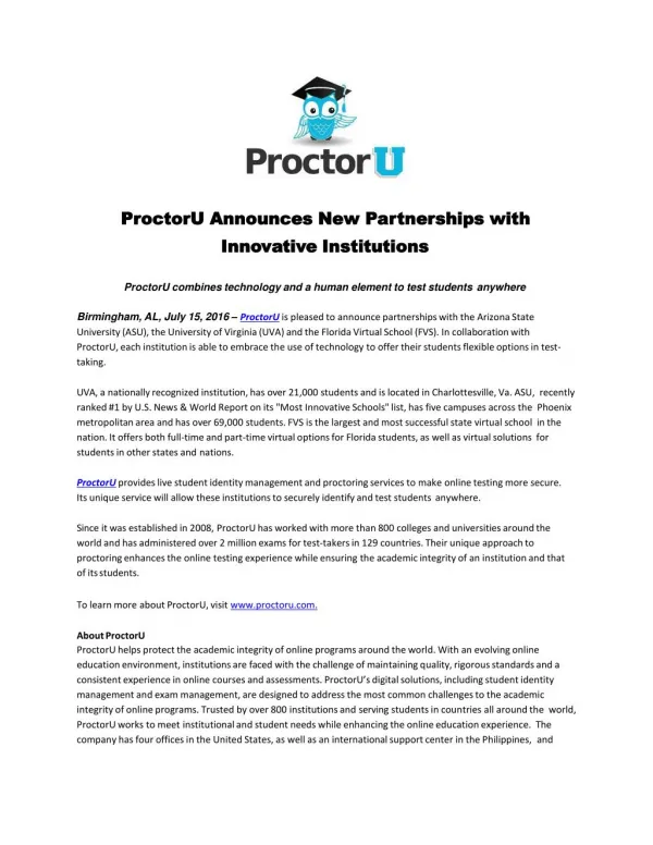 ProctorU Announces New Partnerships with Innovative Institutions