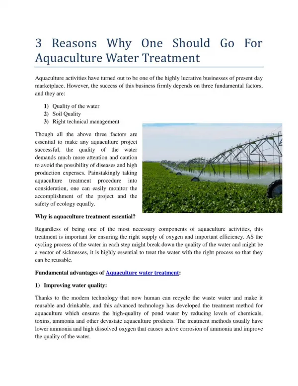 3 Reasons Why One Should Go For Aquaculture Water Treatment