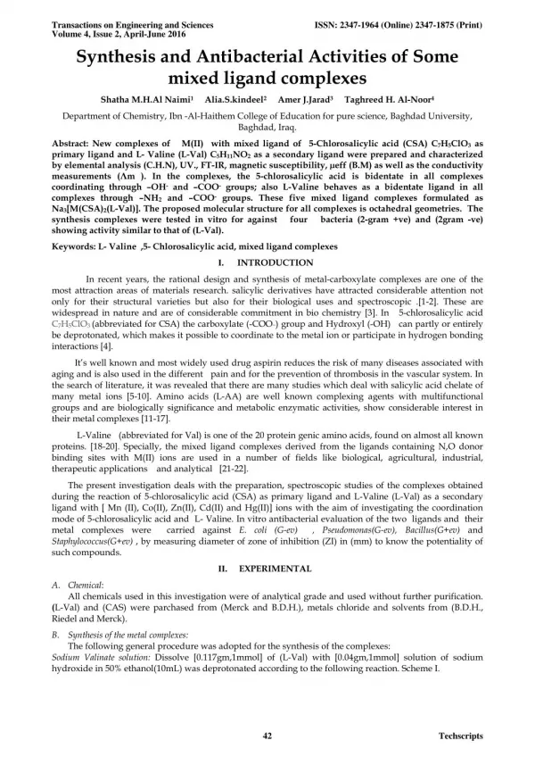 Synthesis and Antibacterial Activities of Some mixed ligand complexes