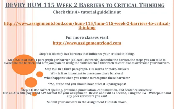 DEVRY HUM 115 Week 2 Barriers to Critical Thinking