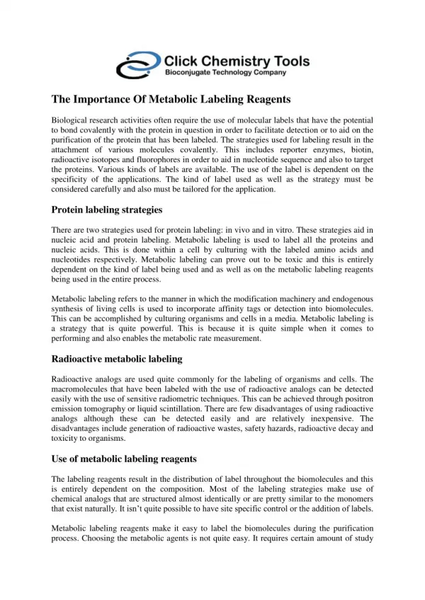 The Importance Of Metabolic Labeling Reagents