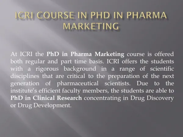 ICRI Course In Phd In Pharma Marketing