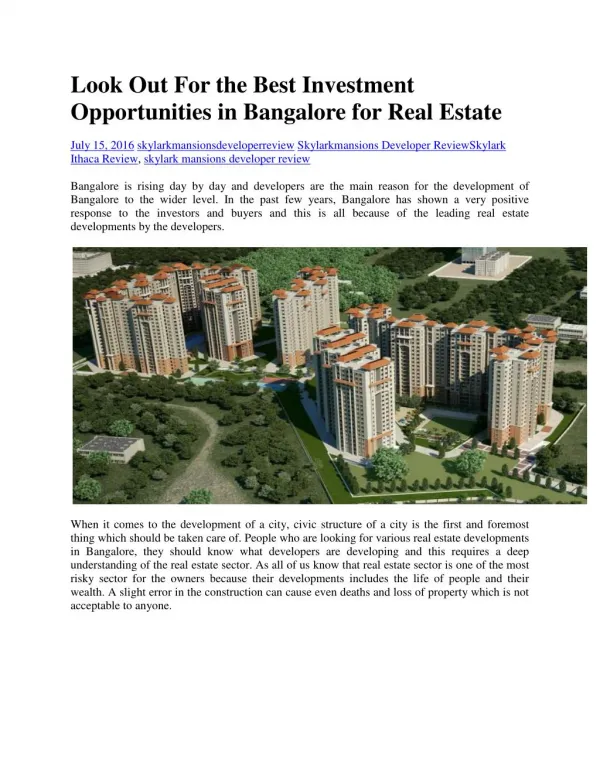 Look Out For the Best Investment Opportunities in Bangalore for Real Estate