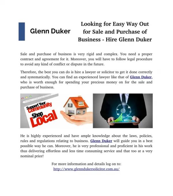 Looking for Easy Way Out for Sale and Purchase of Business - Hire Glenn Duker