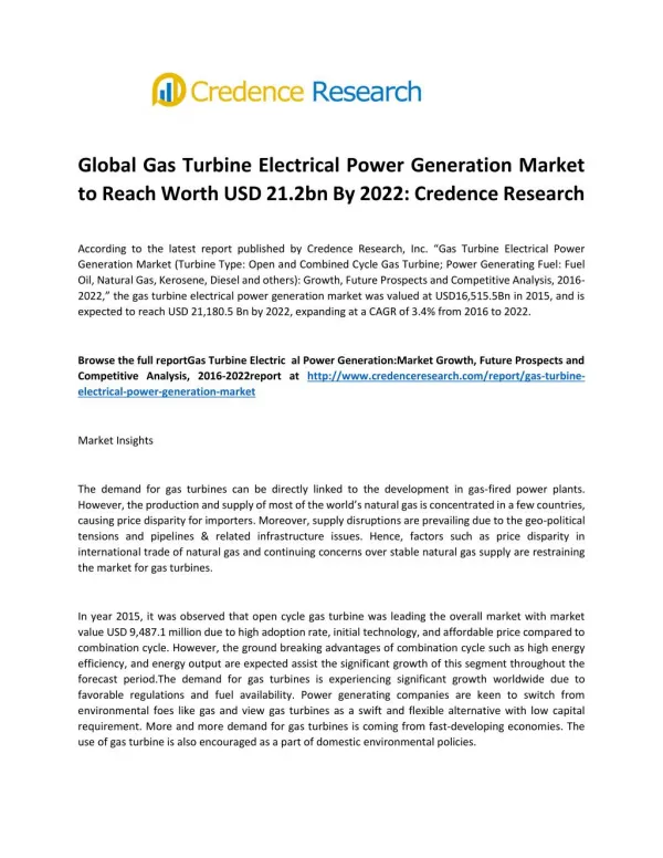 Global Gas Turbine Electrical Power Generation Market To Reach Worth USD 21.2bn By 2022: Credence Research
