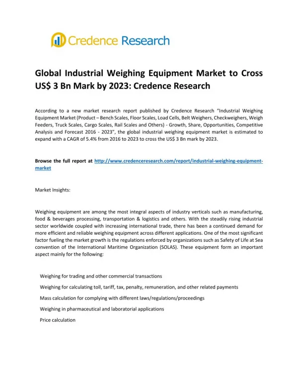 Global Industrial Weighing Equipment Market to Cross US$ 3 Bn Mark by 2023: Credence Research