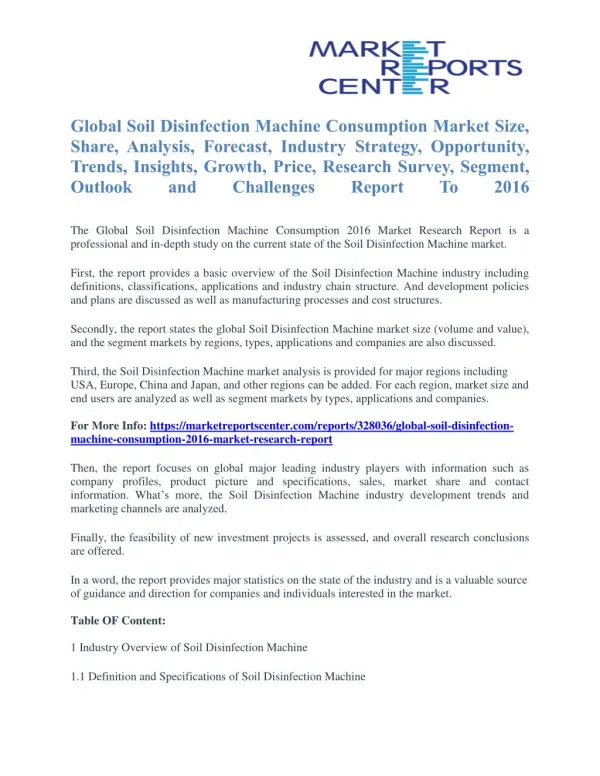 Soil Disinfection Machine Consumption Market Segmentation and Forecast To 2016