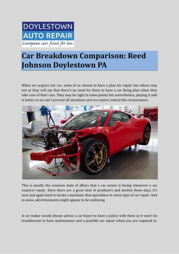 Car Breakdown Comparison: Reed Johnson Doylestown PA