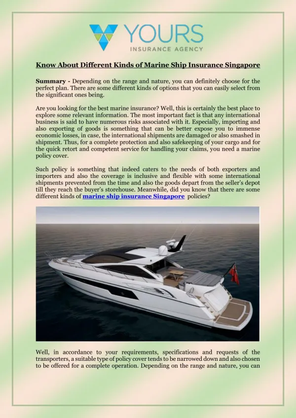 Know About Different Kinds of Marine Ship Insurance Singapore