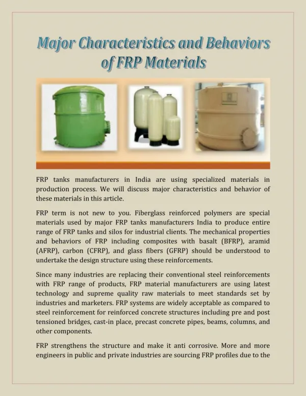Major Characteristics and Behaviors of FRP Materials