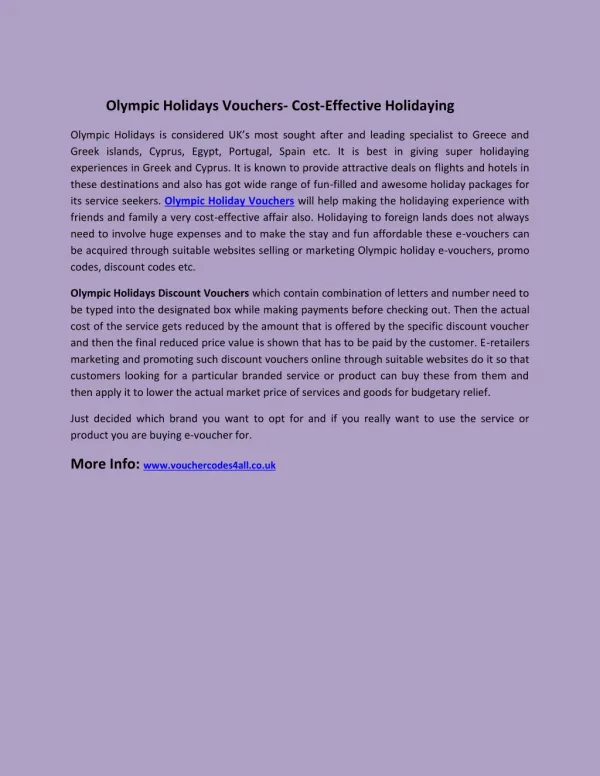 Olympic Holidays Vouchers- Cost-Effective Holidaying