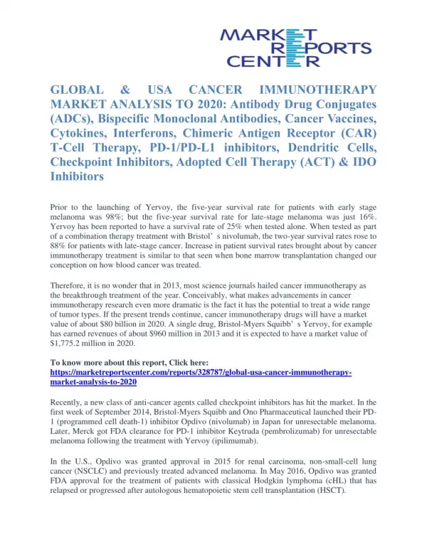 CANCER IMMUNOTHERAPY Market Analysis, Demand, Growth, Opportunities, Technology, Segmentation and Forecast To 2020