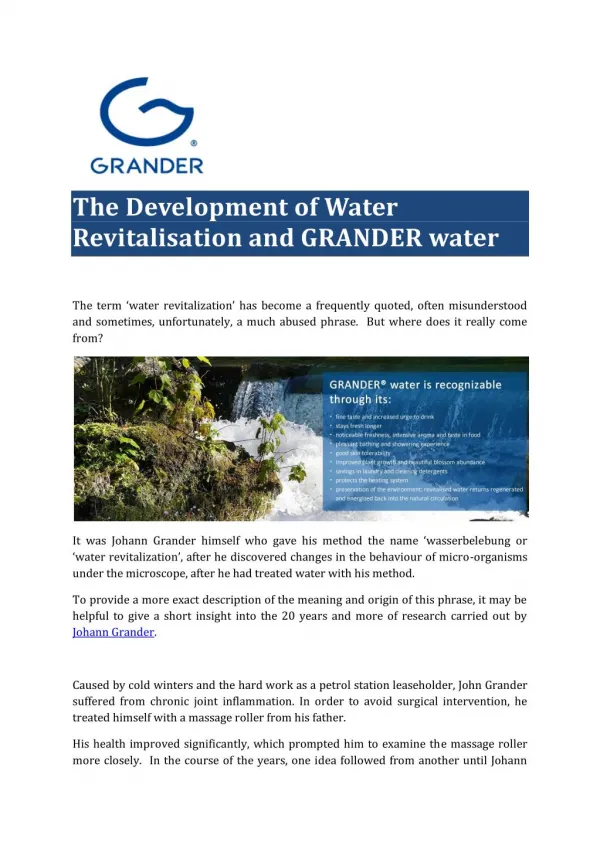 The Development of Water Revitalisation and GRANDER water