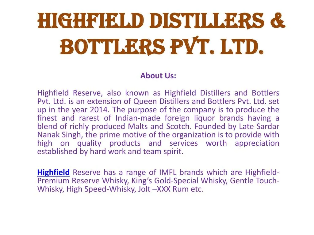 highfield distillers bottlers pvt ltd