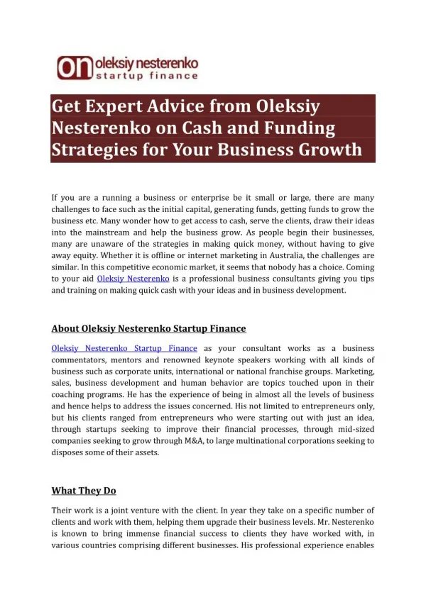 Get Expert Advice from Oleksiy Nesterenko on Cash and Funding Strategies for Your Business Growth