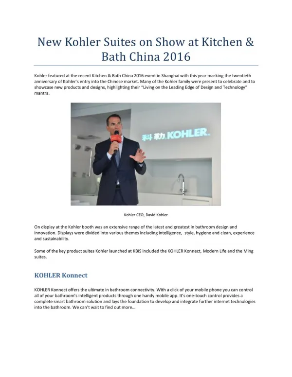New Kohler Suites on Show at Kitchen & Bath China 2016