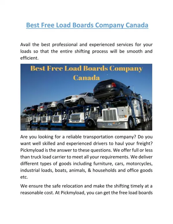 Best Free Load Boards Company Canada | Pickmyload.com