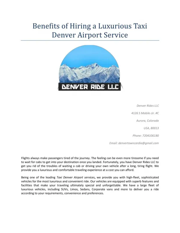 Benefits of Hiring a Luxurious Taxi Denver Airport Service