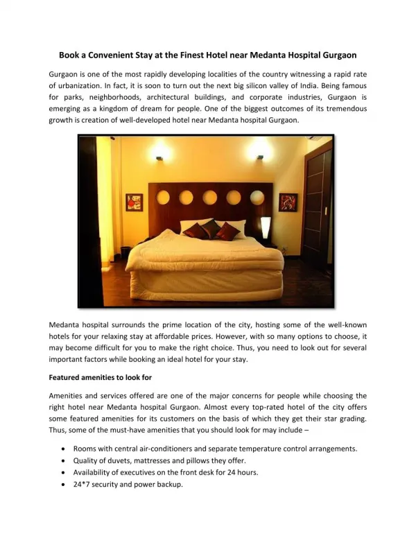 Book a Convenient Stay at the Finest Hotel near Medanta Hospital Gurgaon
