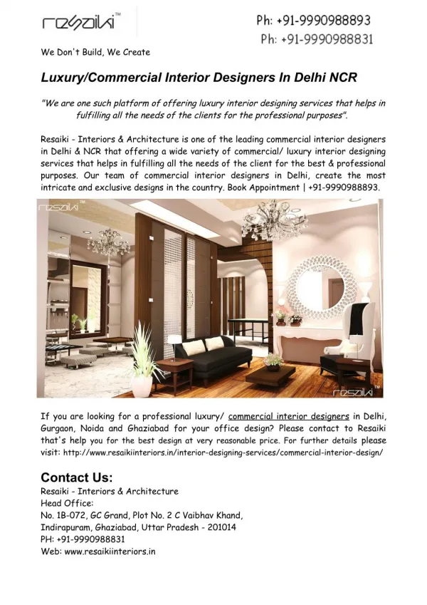 Luxury/Commercial Interior Designers In Delhi NCR