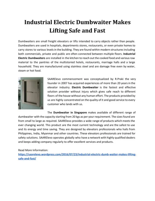 Industrial Electric Dumb Waiter Makes Lifting Safe and Fast