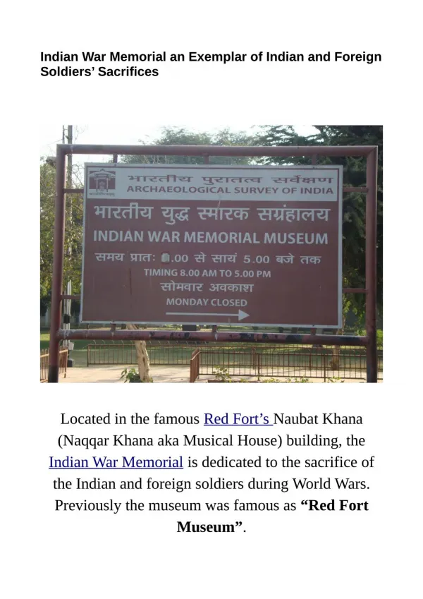 Indian War Memorial Museum an Exemplar of Indian and Foreign Soldiers’ Sacrifices