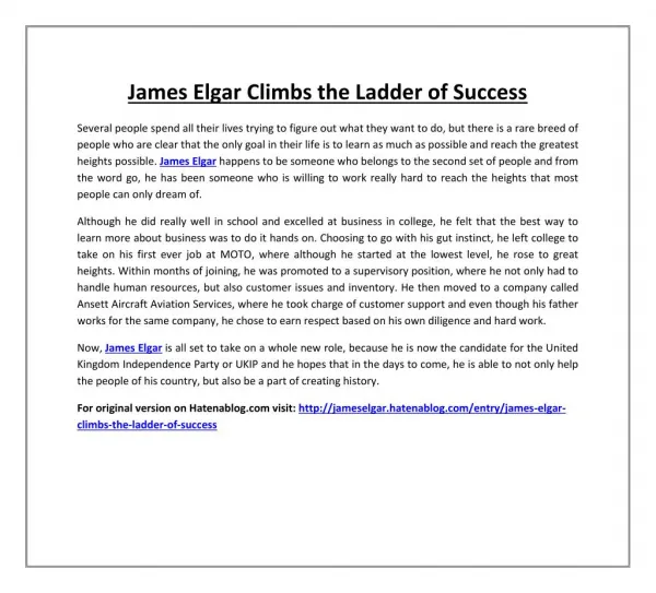 James Elgar Climbs the Ladder of Success