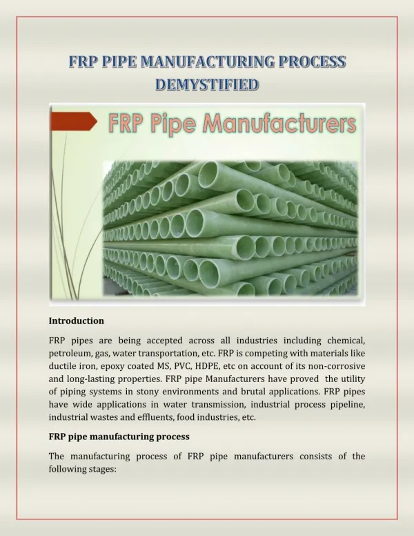 FRP Pipe Manufacturing Process Demystified