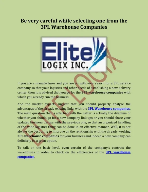 Be Very Careful While Selecting One From The 3pl Warehouse Companies