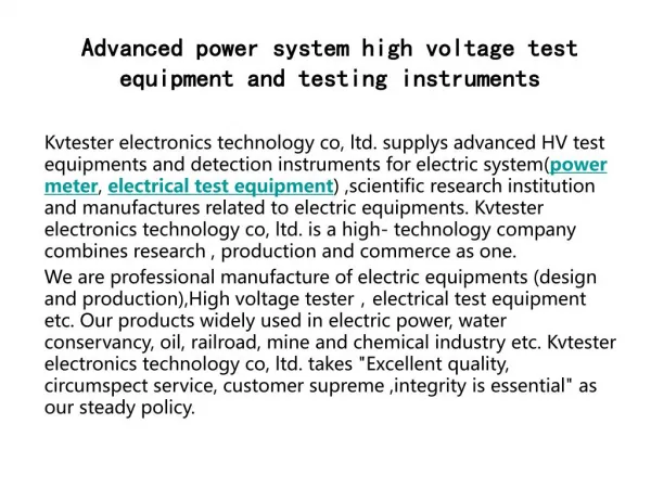 Advanced power system high voltage test equipment and testing instruments