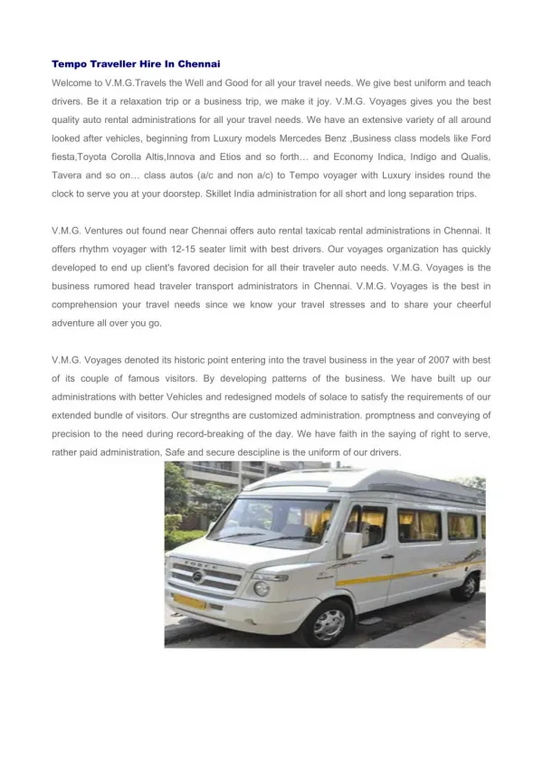 Tempo Traveller Hire in Chennai, Car Rental in Chennai
