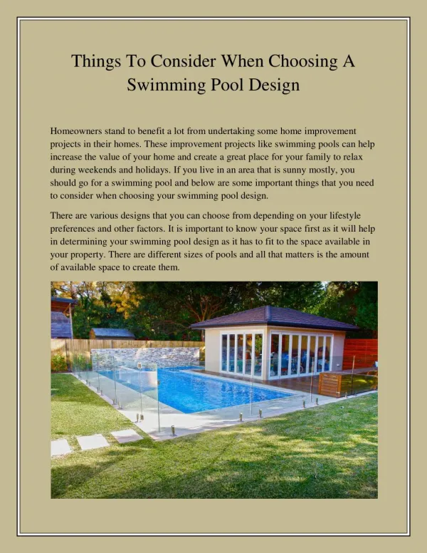 Things To Consider When Choosing A Swimming Pool Design