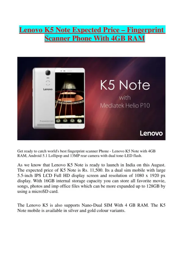 Lenovo K5 Note Expected Price – Fingerprint Scanner Phone With 4GB RAM