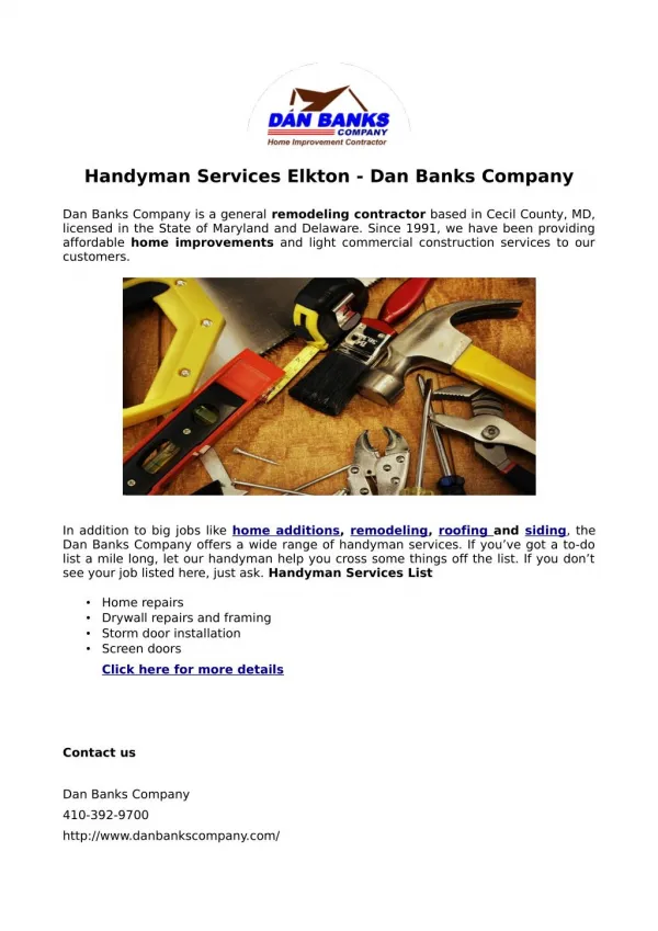 Handyman Services Elkton - Dan Banks Company