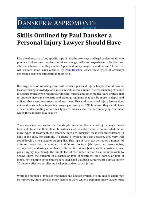 Skills Outlined by Paul Dansker a Personal Injury Lawyer Should Have