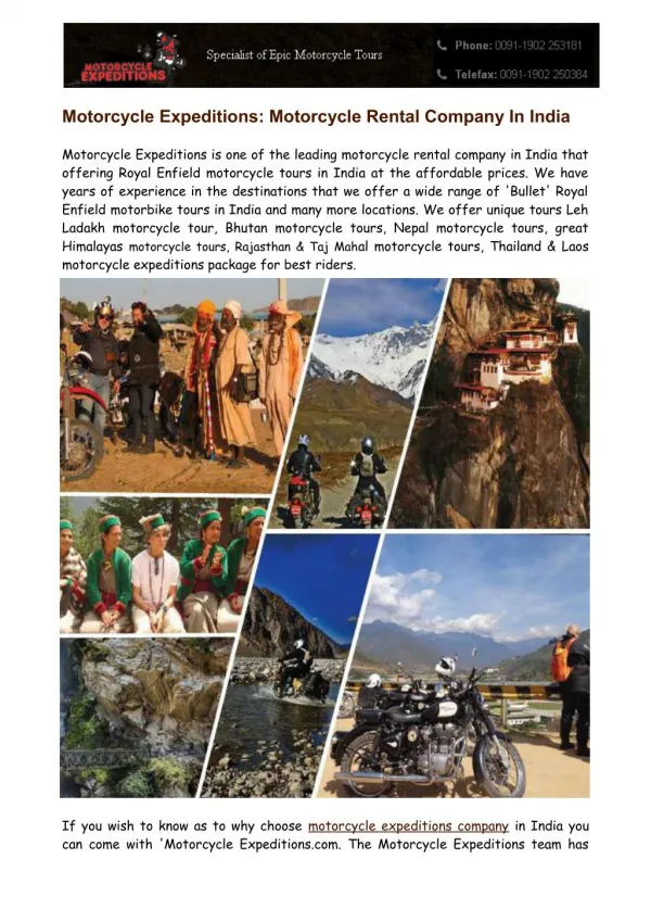 Motorcycle Expeditions - Motorcycle Rental Company In India