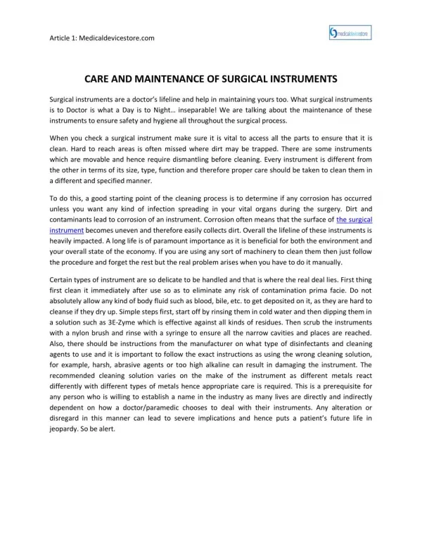 Care And Maintenance Of Surgical Instruments