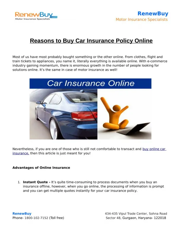 Reasons to Buy Car Insurance Policy Online