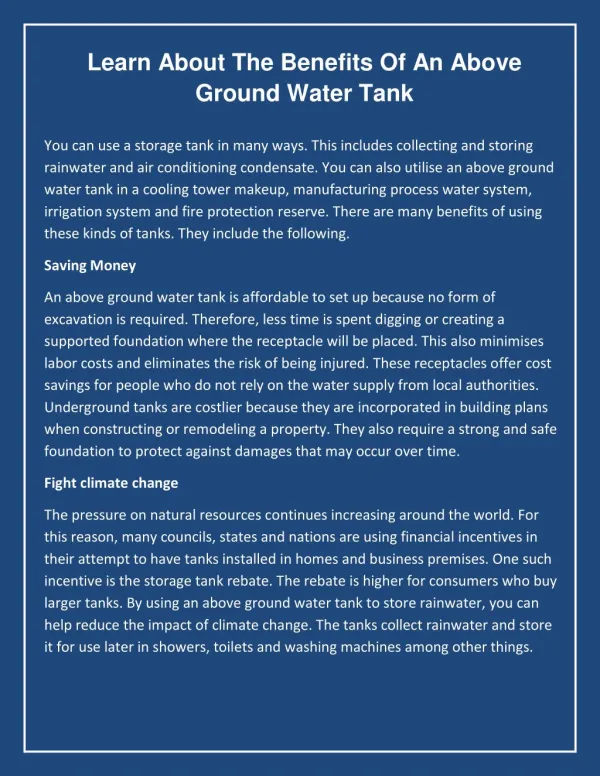 Learn About the Benefits of an Above Ground Water Tank